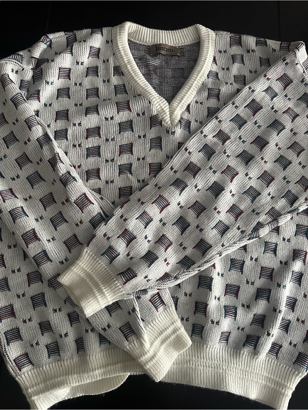 Jantzen White V-Neck Sweater with Blue and Burgundy Accent Squares